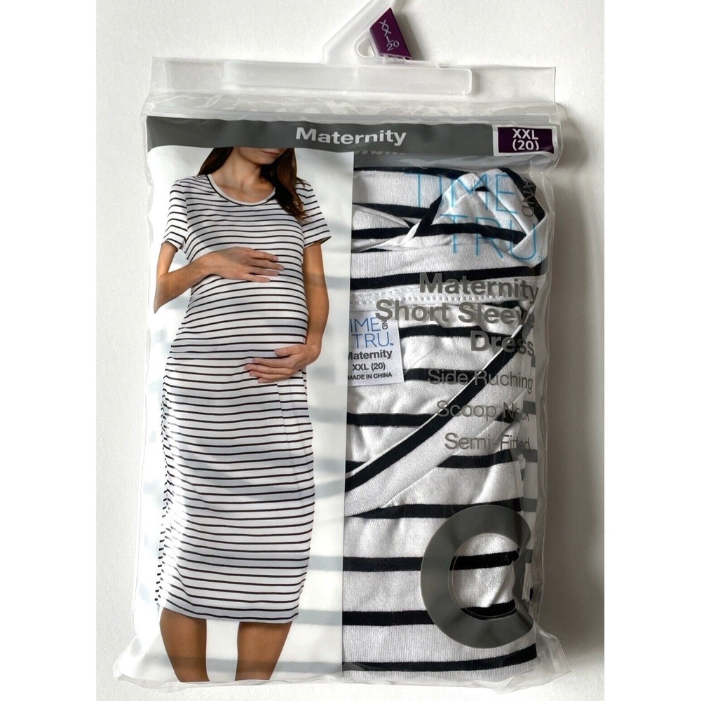 Time and Tru Maternity Long Dress Short Sleeve White/Black Striped XXL 20 NWT